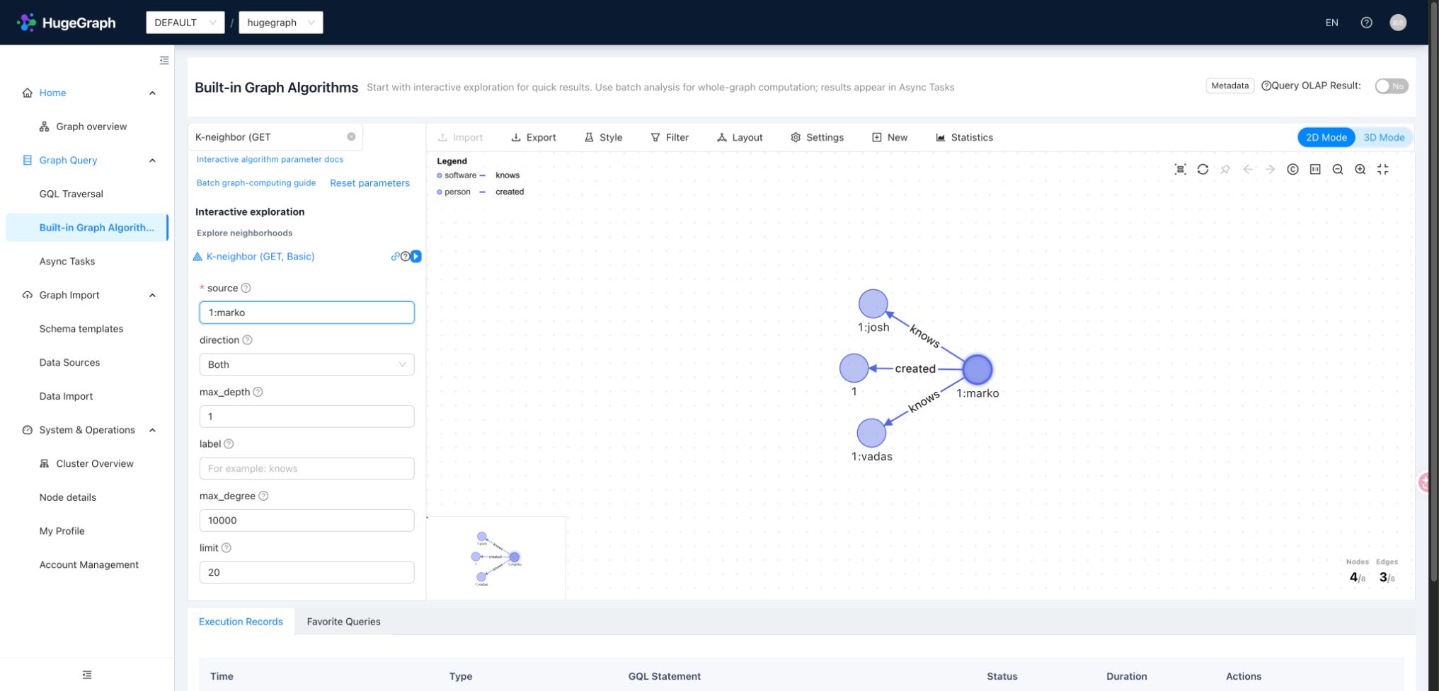 Built-in neighbor algorithm parameters and graph result