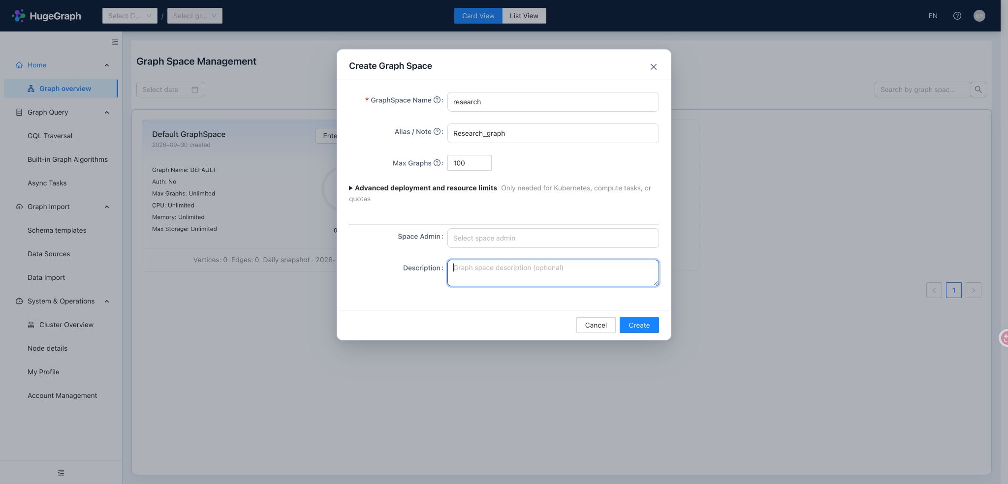 GraphSpace creation and advanced resource limits
