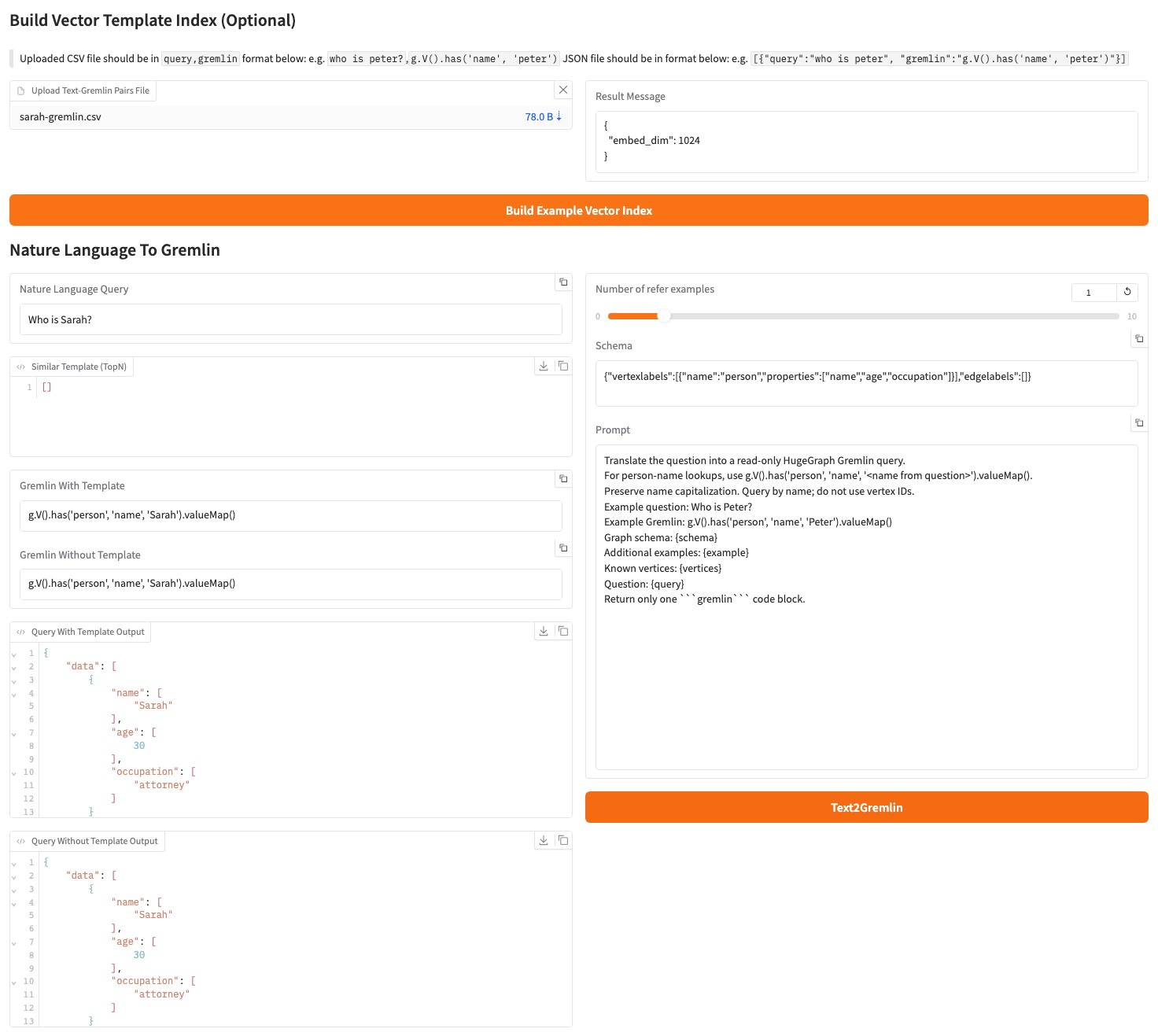 Generated Text2Gremlin queries and execution results