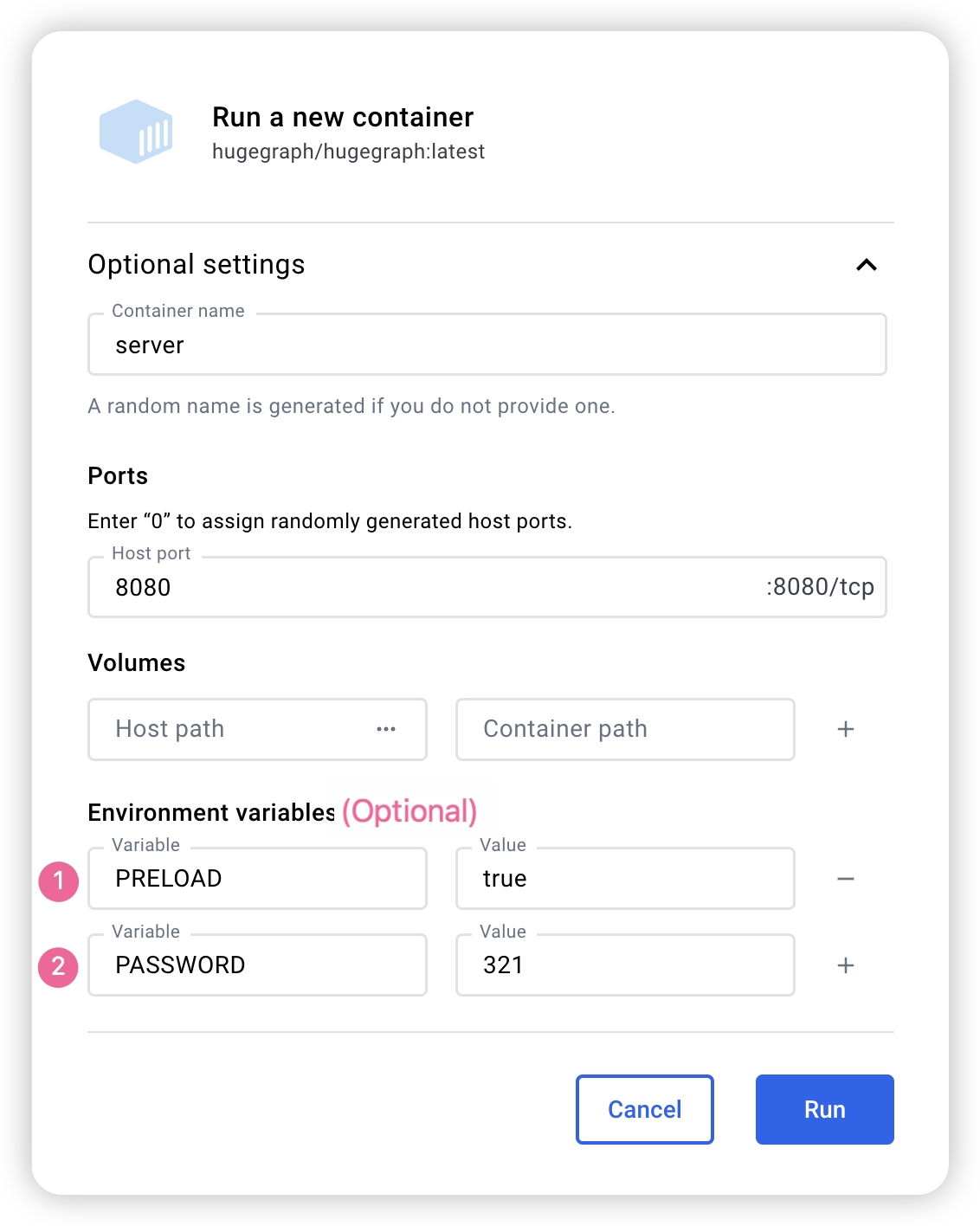 Docker Desktop 中 HugeGraph 容器的运行设置